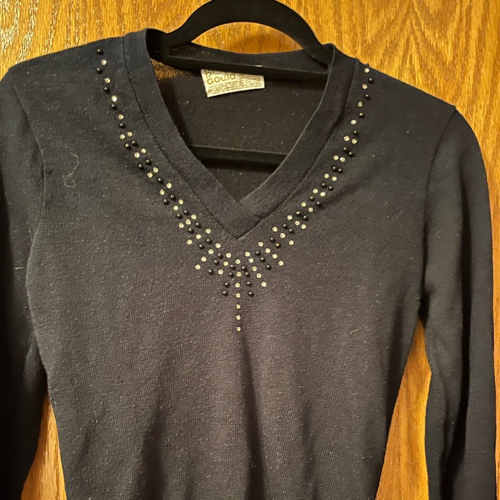 Vintage 70s V-neck sweater, rhinestone, and bead trim